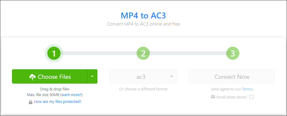 The MP4 to AC3 Converter page of Zamzar