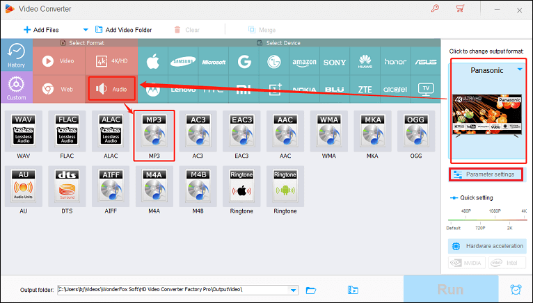 Choose MP3 as the output format for conversion in WonderFox HD Video Converter Factory Pro