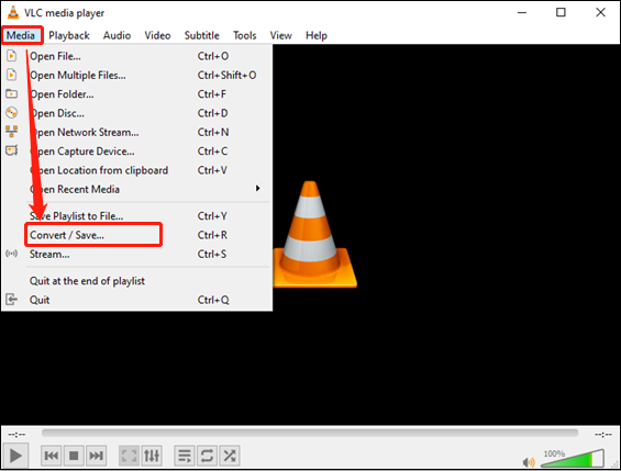 Click the Convert / Save… button to open the Open Media window for format conversion in VLC Media Player