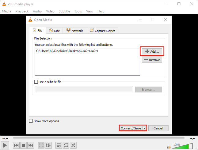 Click the + Add… button to import the target file for format conversion in VLC Media Player