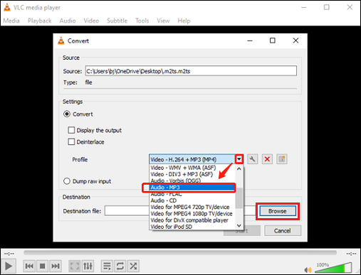 Choose MP3 as the output format for conversion in VLC Media Player