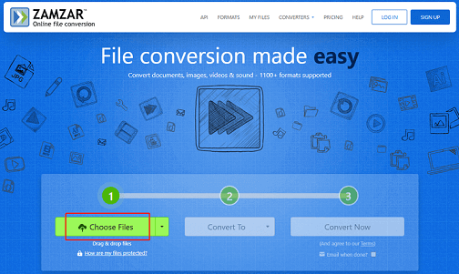 Click Choose Files to import the target file for format conversion in Zamzar