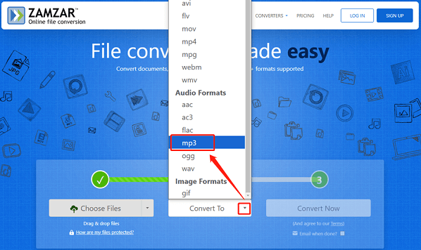 Select MP3 as the output format for conversion in Zamzar