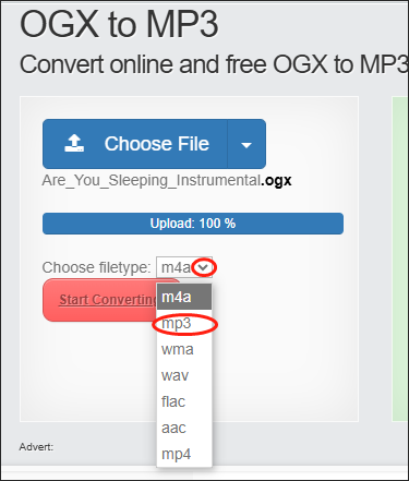 Click on the inverted arrow to expand the option where you can select MP3 as the output format