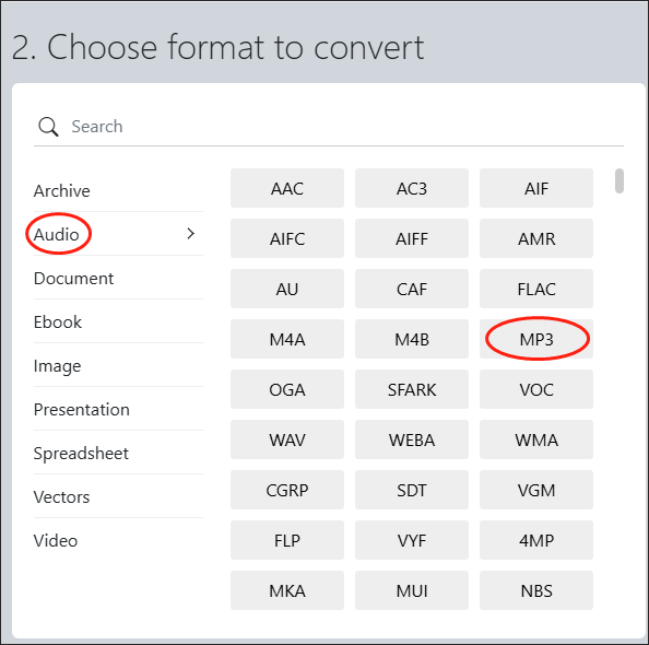 Click on Audio and choose MP3 as the output format