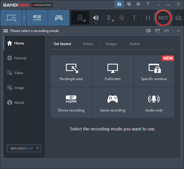 The main interface of Bandicam