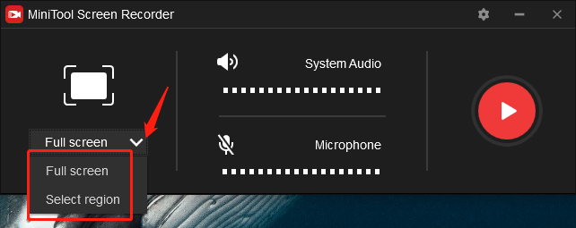 Click on the inverted arrow in MiniTool Screen Recorder to select the recording area