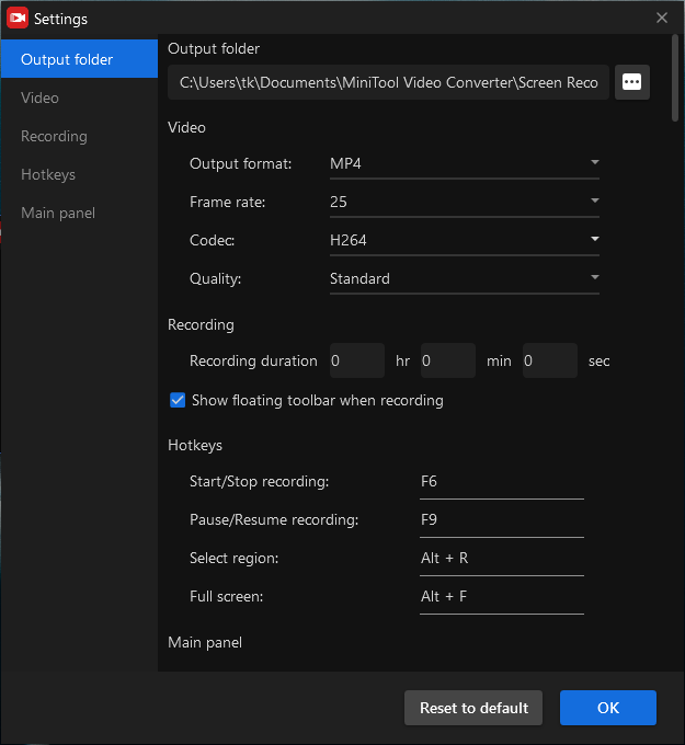 The screen recording setup of MiniTool Screen Recorder