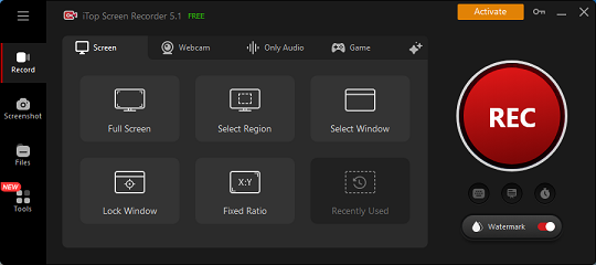 The interface for recording in iTop Screen Recorder