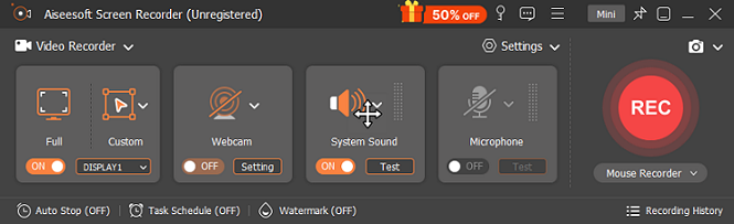 The interface for recording in Aiseesoft Screen Recorder