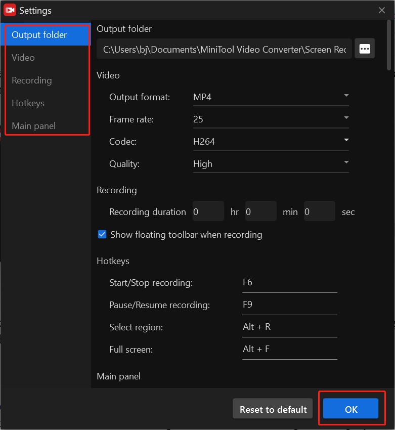 Personalize more recording settings on the Settings window of MiniTool Screen Recorder