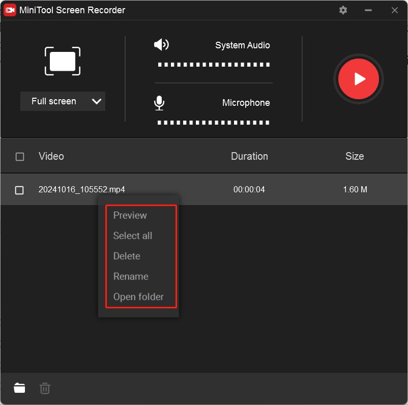 Right-click on the recorded video to preview, delete, rename, or locate it on the MiniTool Screen Recorder panel