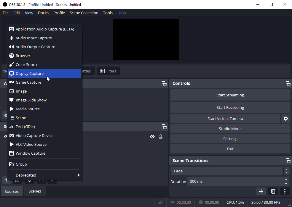 Click the + button in the Source panel to add a Display Capture source in OBS