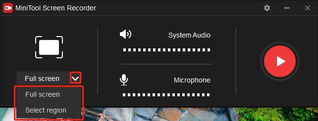 Click on the inverted arrow in the MiniTool Screen Recorder to select the recording area