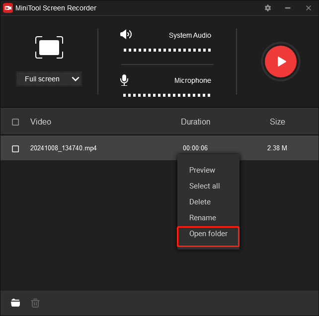 Right-click on the recording file in the MiniTool Screen Recorder and choose Open folder to check your Filmzie video recording