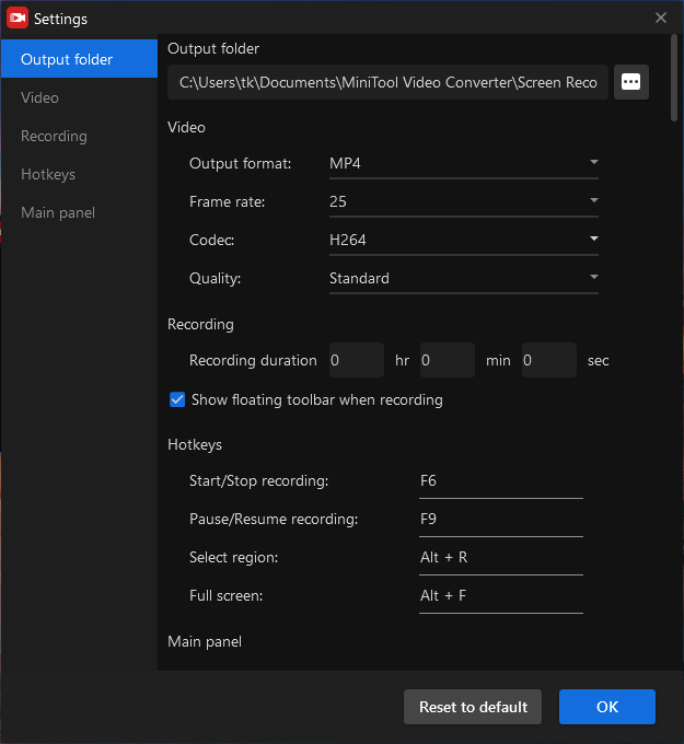 The screen recording setup interface of MiniTool Video Converter