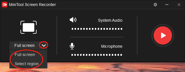 Click on the inverted arrow in MiniTool Screen Recorder to select the recording area