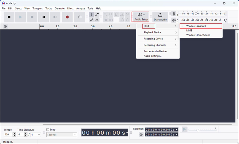 Choose Windows WASAPI as the Host in Audacity