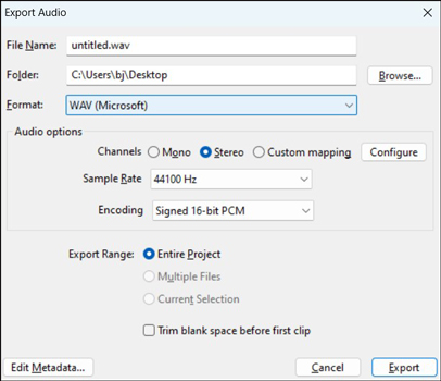 Adjust the recording settings in the Export Audio window of Audacity