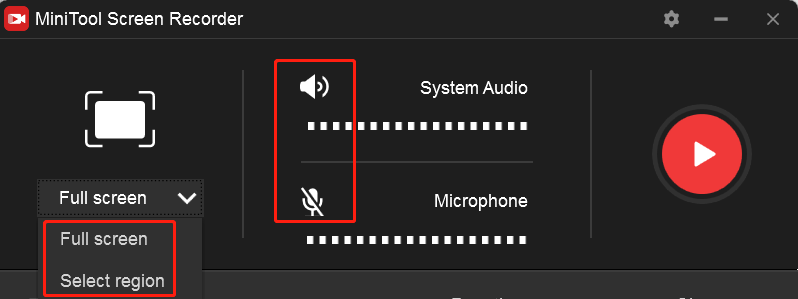 Choose the recording area and audio source on the MiniTool Screen Recorder panel