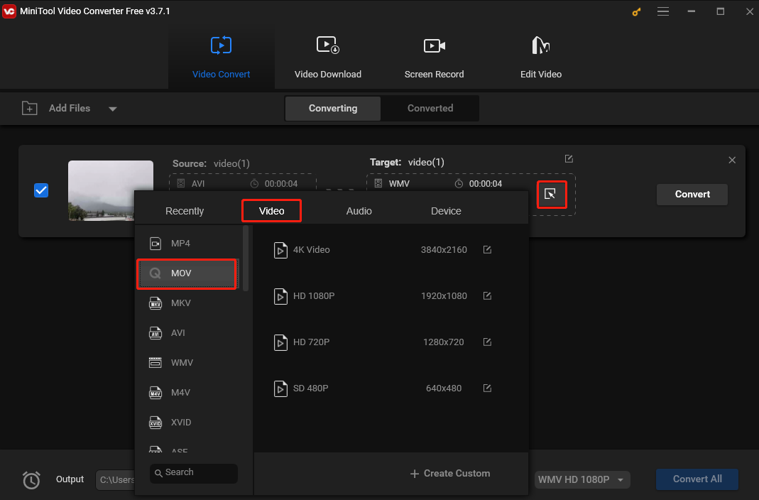 Choose MOV as the output format under the Video tab