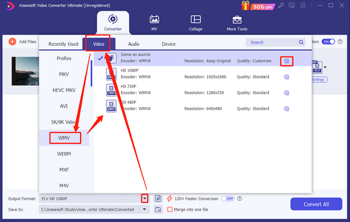 Choose WMV as the output format for conversion in Aiseesoft Video Converter Ultimate