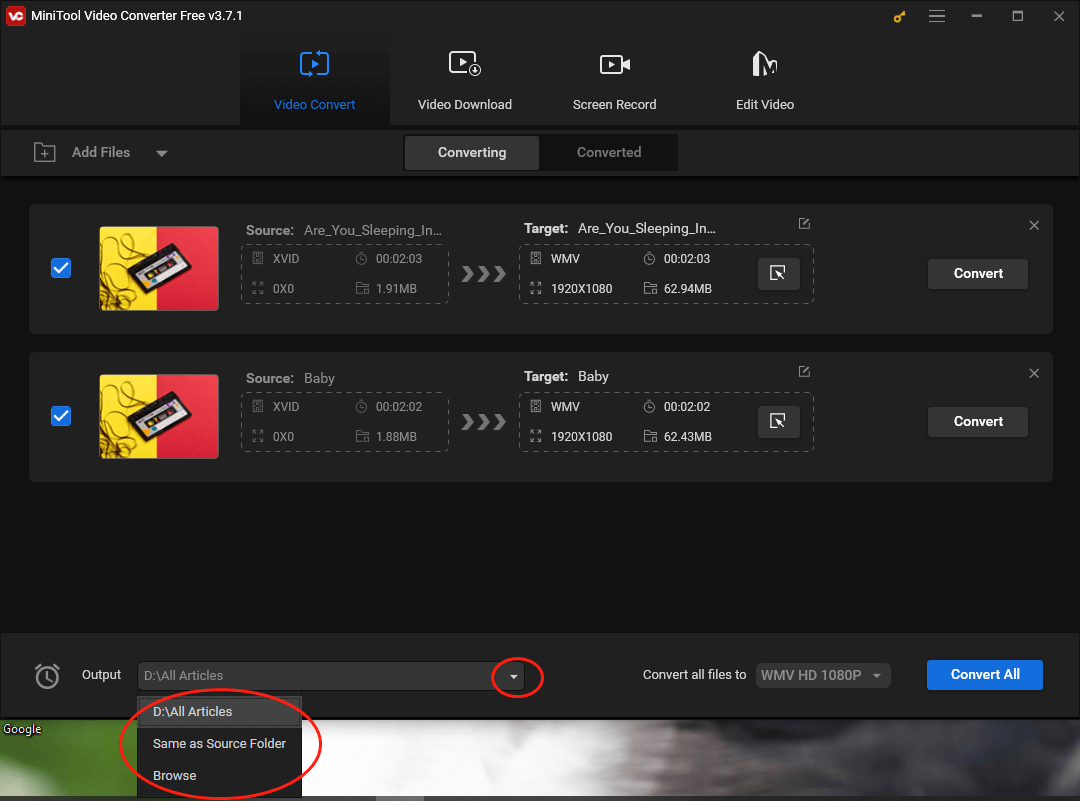 Click on the inverted arrow in MiniTool Video Converter to customize the output location