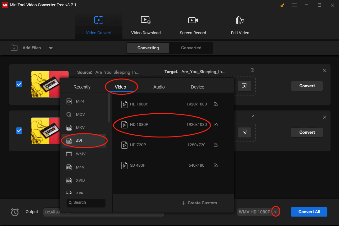 Expand the convert all files to option in MiniTool Video Converter to select AVI HD 1080P as the output format