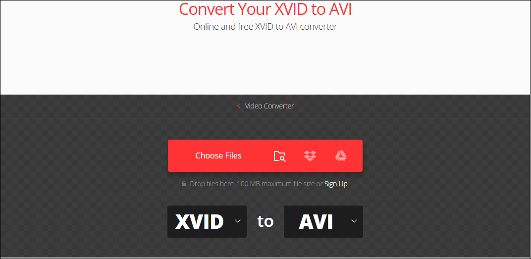 The XVID to AVI converter page of Convertio