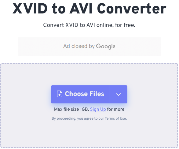 The XVID to AVI converter page of FreeConvert