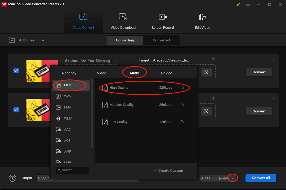 Click on the inverted arrow next to the Convert All button to set MP3 High Quality as the output format for all XVID files