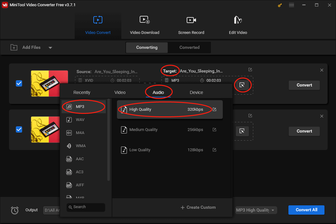 Click on the Edit icon in MiniTool Video Converter to set MP3 High Quality as the output format for a single XVID file