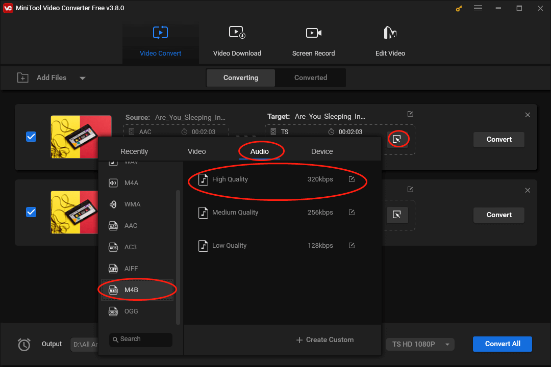 Click on the Edit icon in MiniTool Video Converter to expand the output format window and select M4B High Quality as the output format for a single AAC file