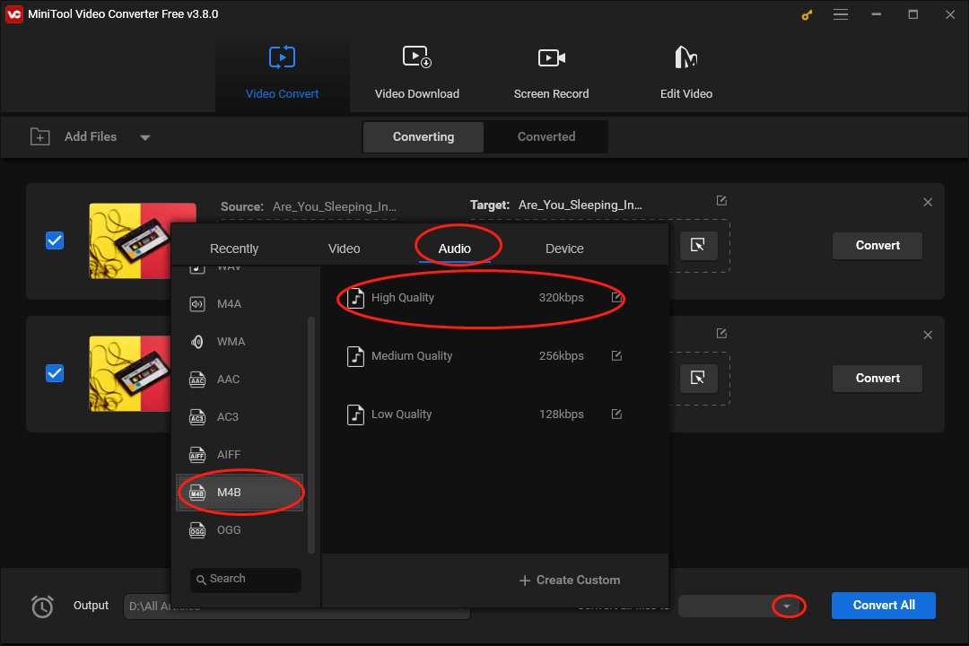 Click on the inverted arrow in MiniTool Video Converter to expand the Convert all files to option and set M4B High Quality as the output format for multiple AAC files