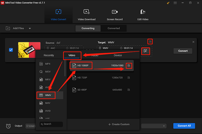 Choose WMV as the output format for conversion in MiniTool Video Converter