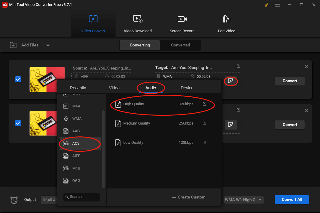 Click on the Edit icon in MiniTool Video Converter to set AC3 High Quality as the output format for a single AIFF file