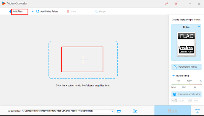 Click the Add Files button or the + area to upload the target file for format conversion in HD Video Converter Factory Pro