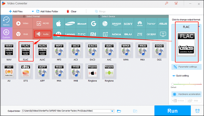 Choose FLAC as the output format for conversion in HD Video Converter Factory Pro