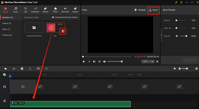 Add the FLAC file to the timeline and then click the Export button for format conversion in MiniTool MovieMaker