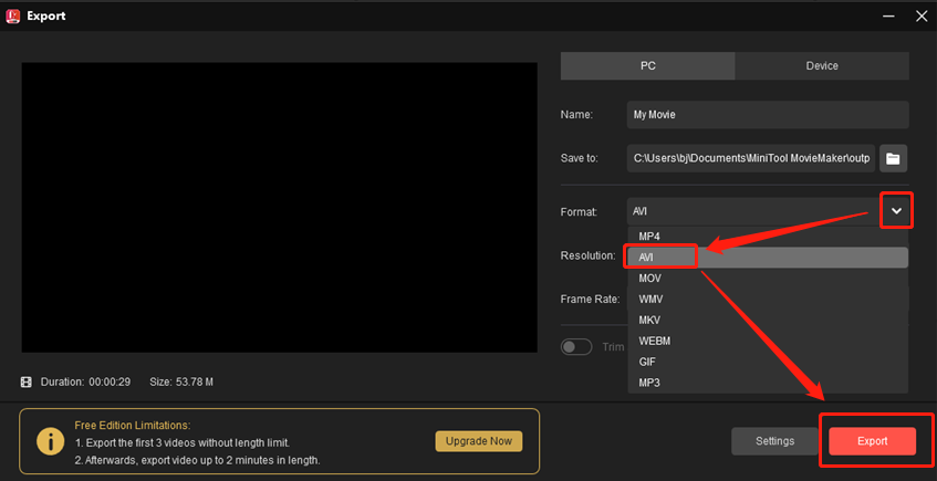 Select AVI as the output format for conversion in MiniTool MovieMaker