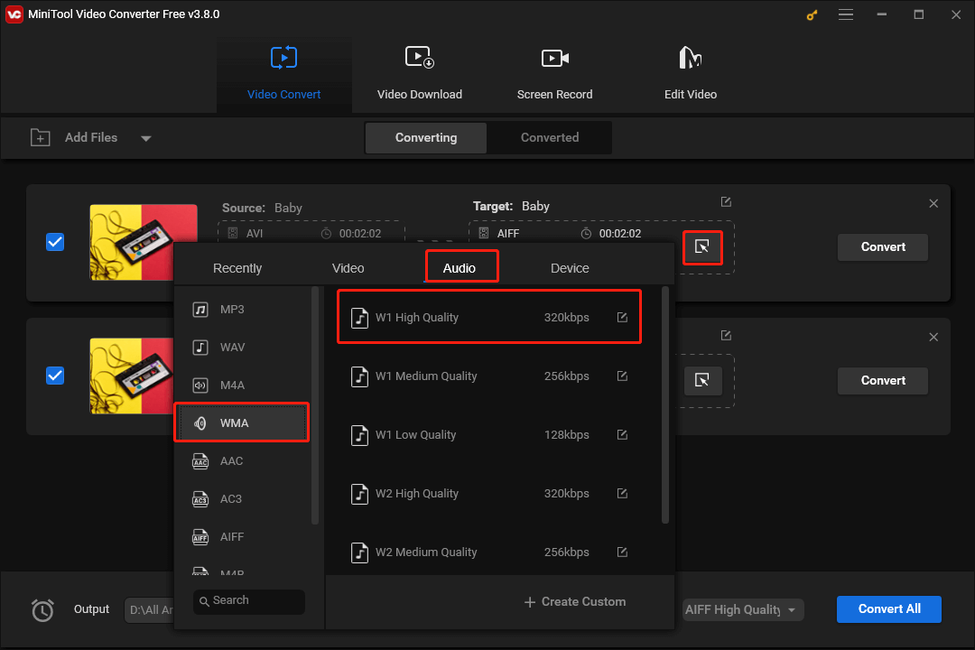 Click on the Edit icon in MiniTool Video Converter to set WMA High Quality as the output format for a single AVI file