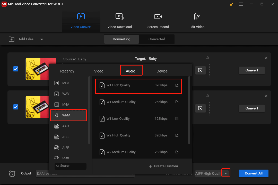 Click on the inverted arrow in MiniTool Video Converter to expand the Convert all files to option and select WMA High Quality as a uniform output format for multiple AVI files