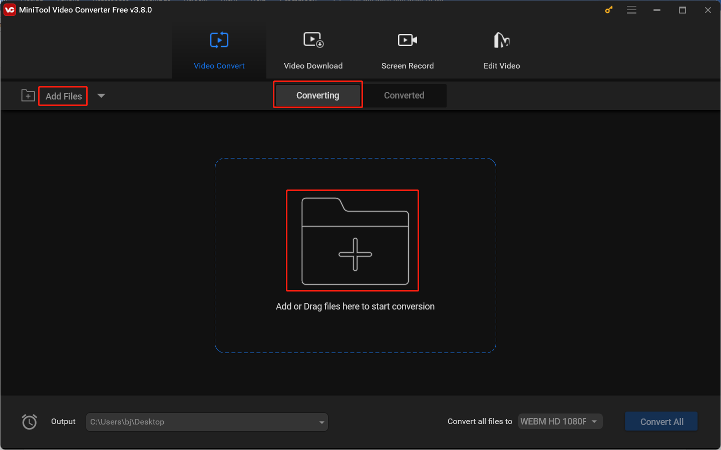 Click the Add Files button or the Add or Drag files here to start conversion option in MiniTool Video Converter to import the target video file for conversion