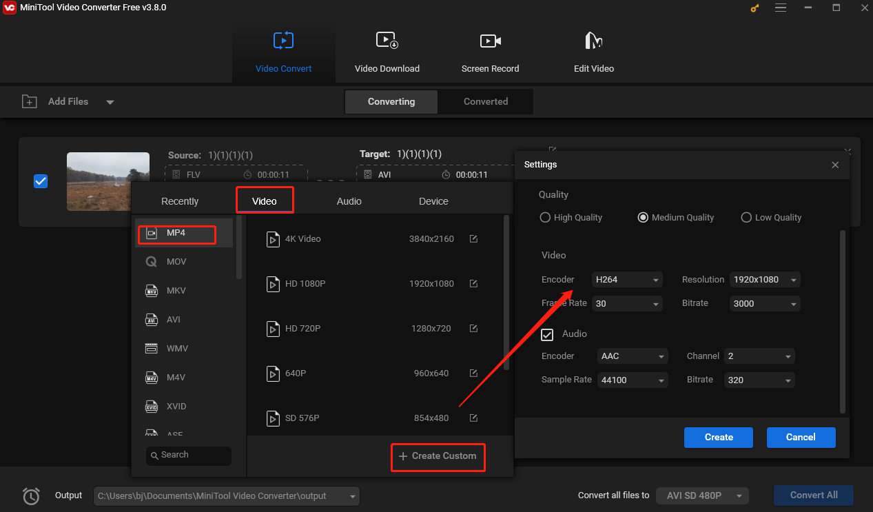 Customize the parameters for the converted file in MiniTool Video Converter