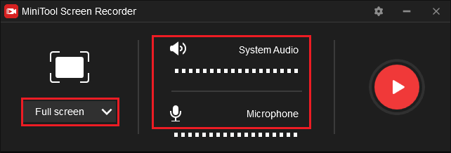 Click the inverted arrow, the speaker icon, and the microphone icon in MiniTool Screen Recorder to adjust the recording area and audio source