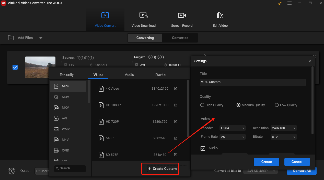 Click Create Custom in the output format window and customize the quality encoder, frame rate, etc.