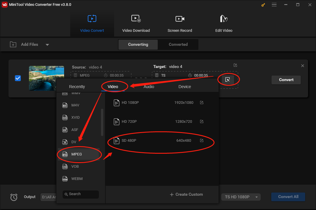 Click on the Edit icon in MiniTool Video Converter to expand the output format window and select MPEG SD 480P as the output format