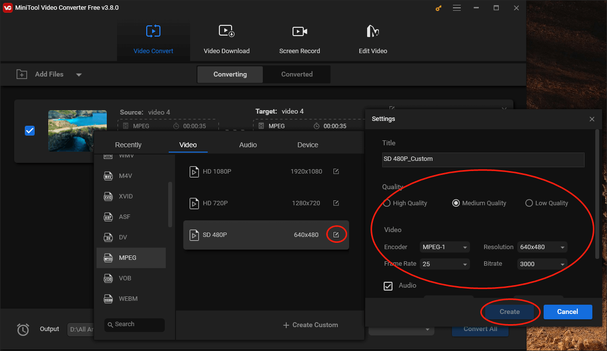 Click on + Create Custom in MiniTool Video Converter to customize relevant parameters of your MPEG file