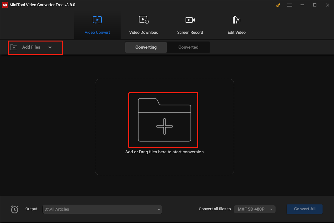 Click on the big document icon or the Add Files button in MiniTool Video Converter to import your MXF files