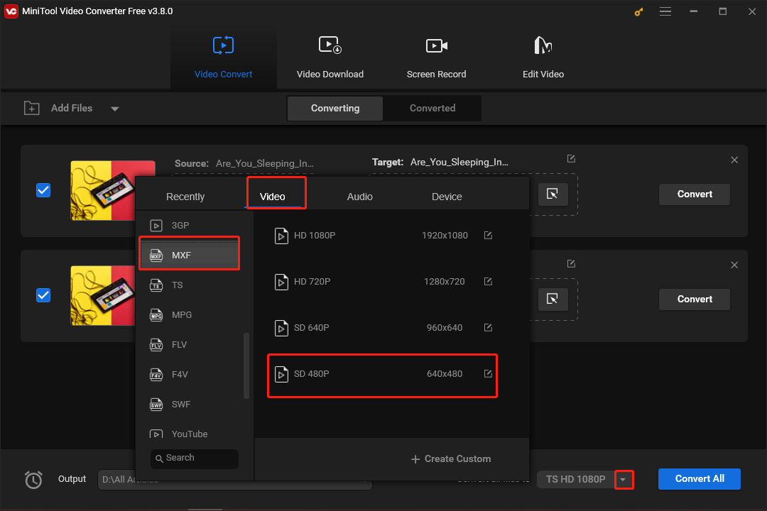 Click on the inverted arrow in MiniTool Video Converter to expand the Convert all files to option and set MXF SD 480P as the output format for all MXF files